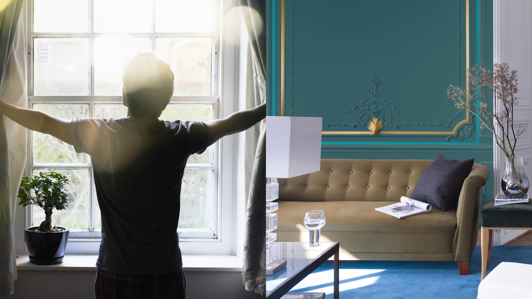 Un joli salon lumineux Les pièces qui captent le lever du soleil voient la plus grande variation de lumière tout au long de la journée. A l'aube, la lumière a une légère teinte rosâtre qui vire rapidement au bleu à mesure que le temps passe.